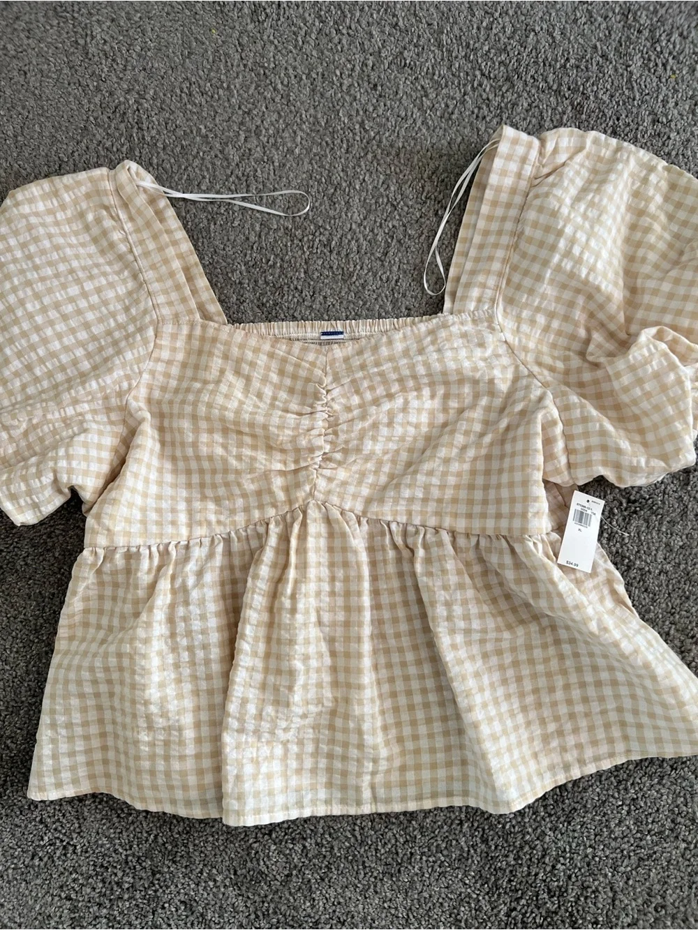 Old Navy Cream and Tan Gingham Peplum Puff Sleeve Top